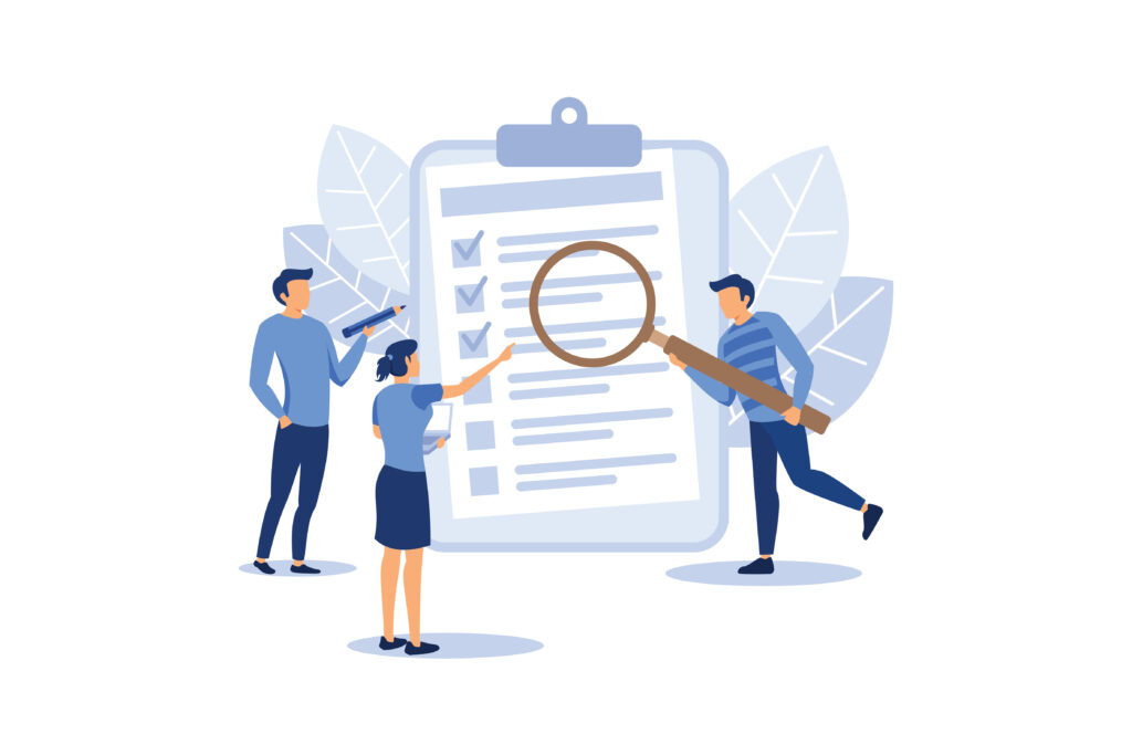 Survey Concept, Showing people with quality test and satisfaction report, Suitable for landing page, UI, web, App intro card, editorial, flyer,and banner flat modern design illustration