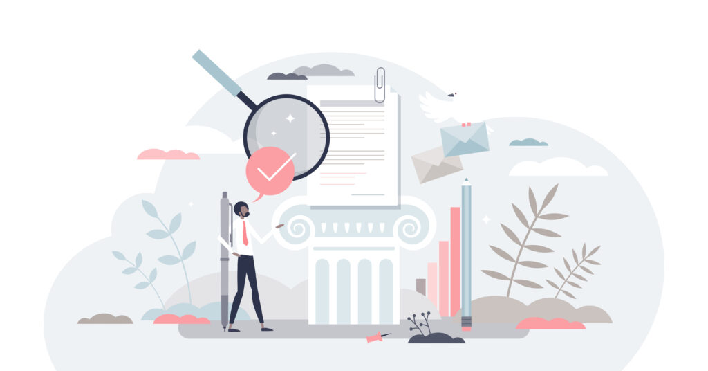 Academic writing and educational literature publishing tiny person concept, transparent background. Scientific document grammar research and text reading.
