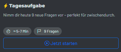 KnowListic Tagesaufgabe mit kurzer Empfehlung und Zeitangabe