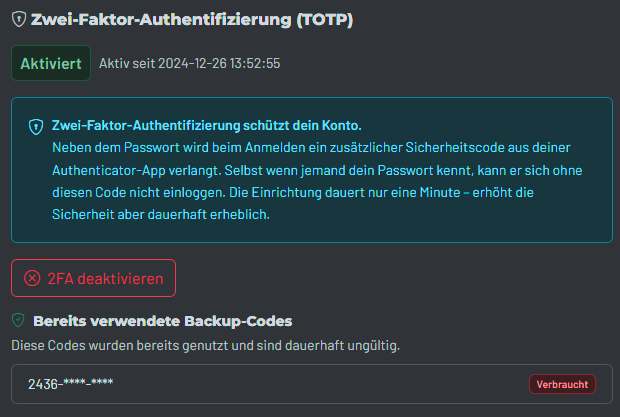 Screenshot der Zwei-Faktor-Authentifizierung mit Aktivierung, Sicherheitscode und Backup-Codes