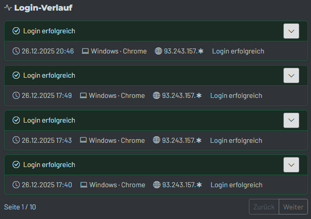 Screenshot des Login-Verlaufs mit aktiven Geräten, letzter Aktivität und Möglichkeit Sitzungen zu beenden