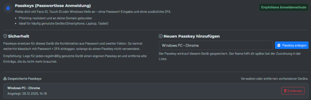 Screenshot der Passkey-Verwaltung mit Geräten, Status und Optionen zum Hinzufügen oder Entfernen