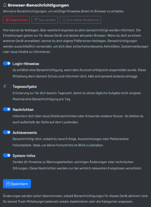 Screenshot der Benachrichtigungseinstellungen mit E-Mail- und Browser-Optionen sowie auswählbaren Kategorien