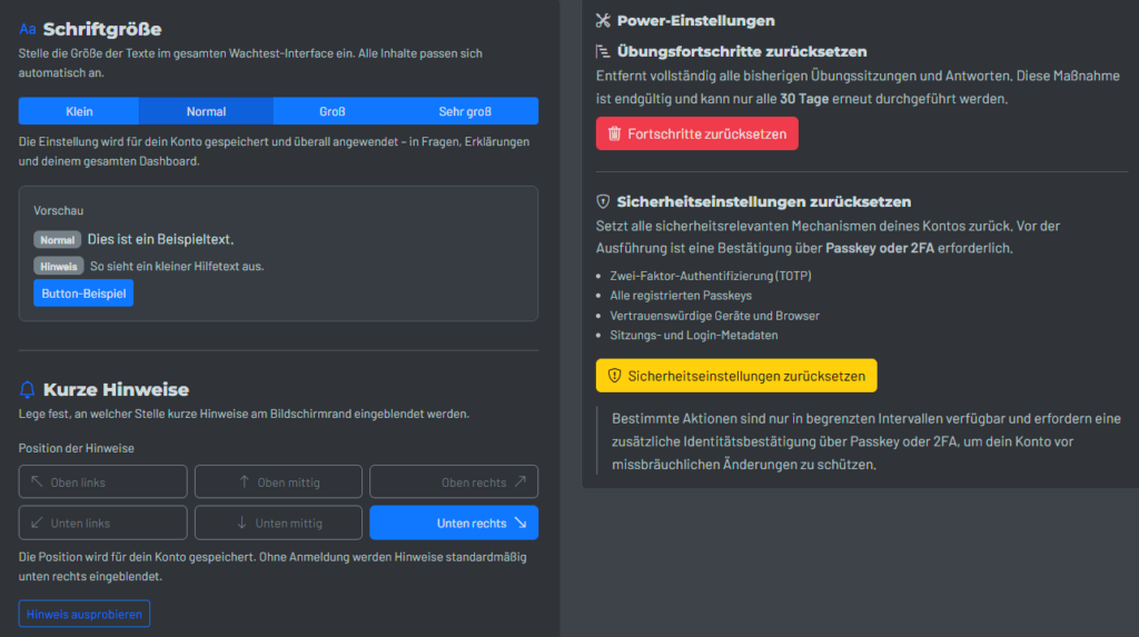 Screenshot der erweiterten Einstellungen mit Schriftgröße, Hinweisposition, Fortschrittsrücksetzung und Sicherheitsoptionen